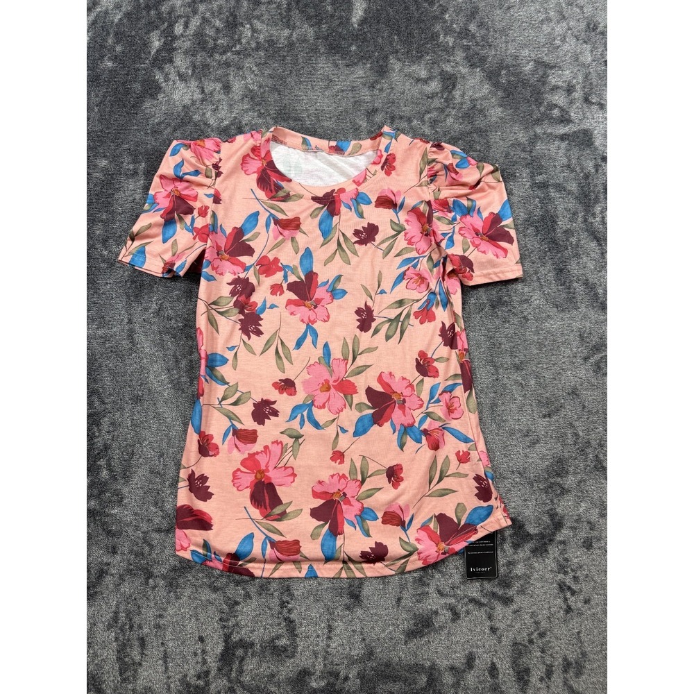 Ivicoer Women's Floral Puff Sleeve Blouse Pink Size Small Short Sleeve Top